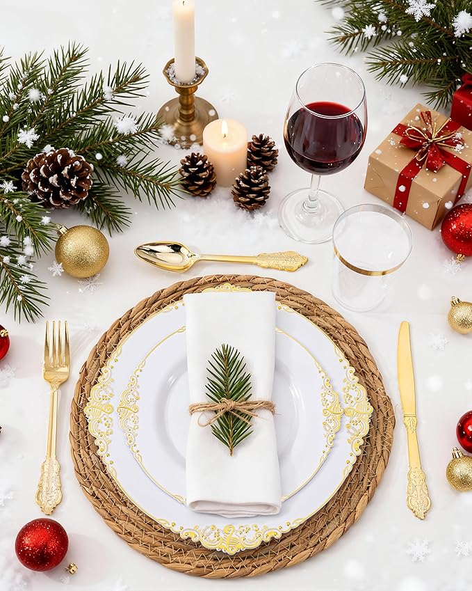 Nervure 100Pcs White and Gold Plastic Plates - 10.25Inch Gold Disposable Plates - Heavyweight Dinner Plate for Wedding & Party