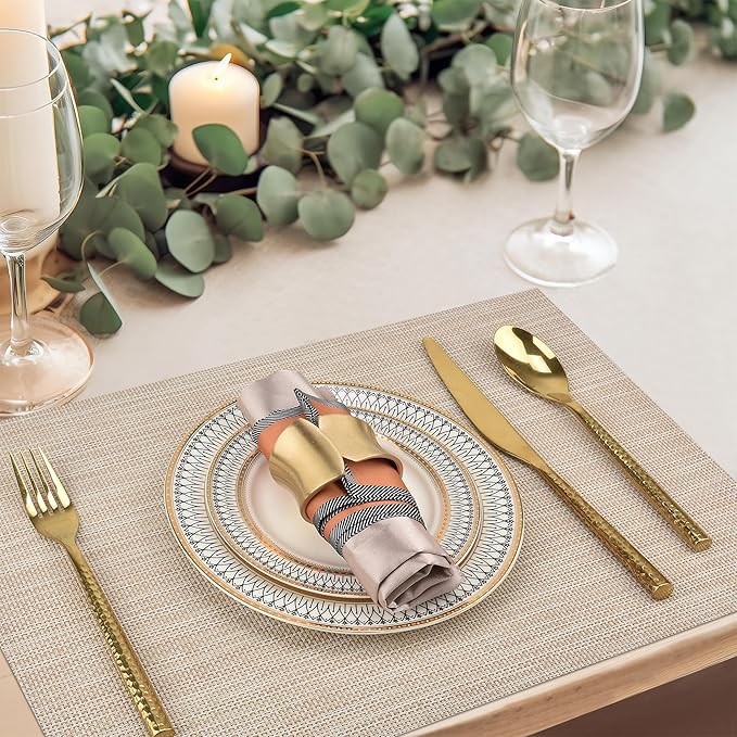 SLKQG Placemats Set of 6 - Easy Clean Washable Vinyl Placemats - Wipeable Heat Resistant Table Mats for Dining Table - 17.7x11.8 Inch (6, Beige)