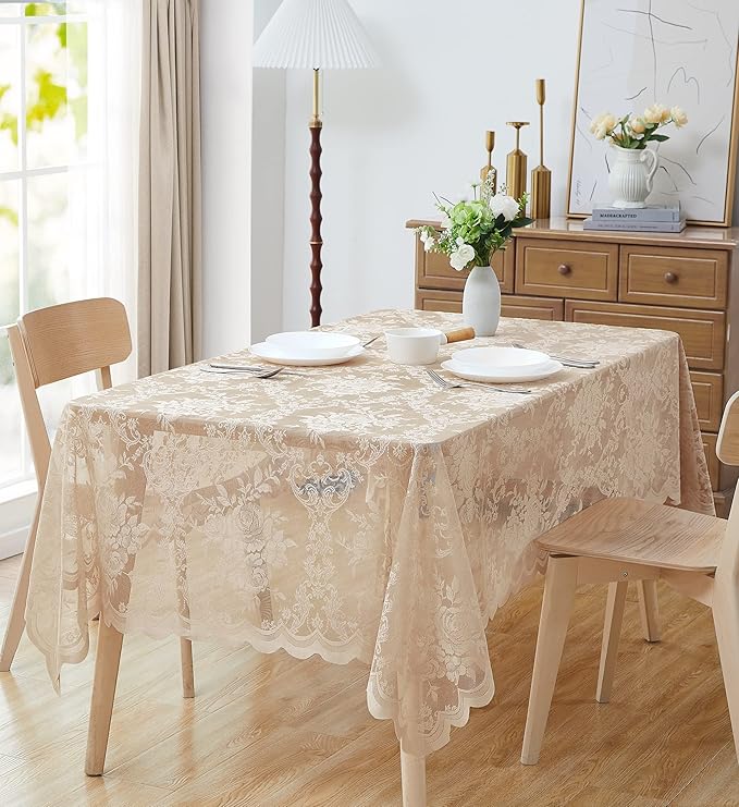 Warm Home Designs 54 x 72 Lace Tablecloth. Gold Linen Rectangle Tablecloth with English Rose Design. Rectangular Dining Table Cover for 6-8 Guests. (LTC Linen 72)