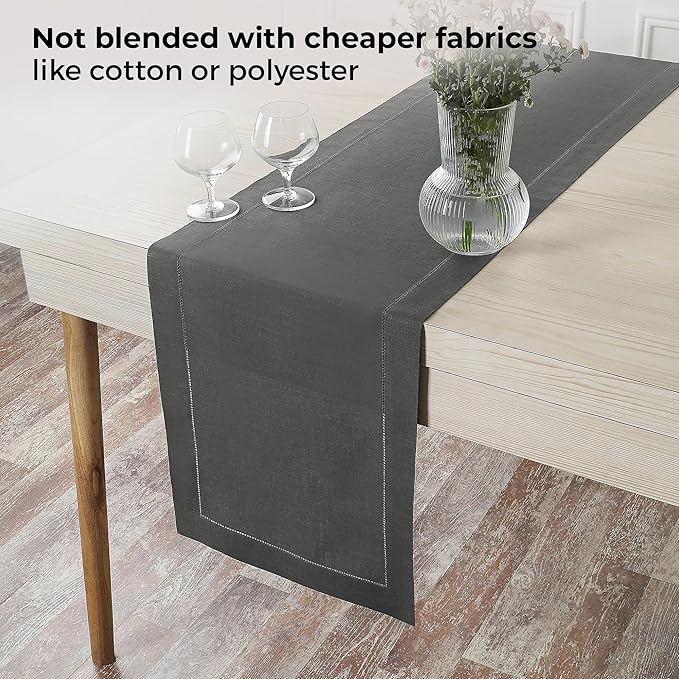D'Moksha Homes Linen Charcoal Grey Table Runner 48 Inches - Classic Hemstitch, 100% Pure Linen Coffee Table Runner 14 x 48 Inch Ideal for Dresser Tables - Spring, Easter