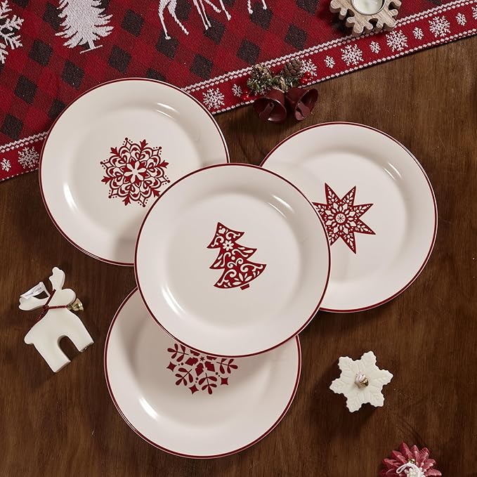 Bico Holly Jolly Salad Plates Set of 4, 8.75 Inch Ceramic Dessert Plates for Salad, Appetizer, Side Dishes, Microwave and Dishwasher Safe, Gift for Housewarming and Christmas