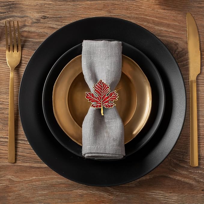 Decozen Set of 4 Red Gold Napkin Rings in Maple Design, Festive, Table Decor Setting for Holiday, Wedding, Birthday, Kitchen, Home Decor, Housewarming Gift - Thanksgiving Decoration