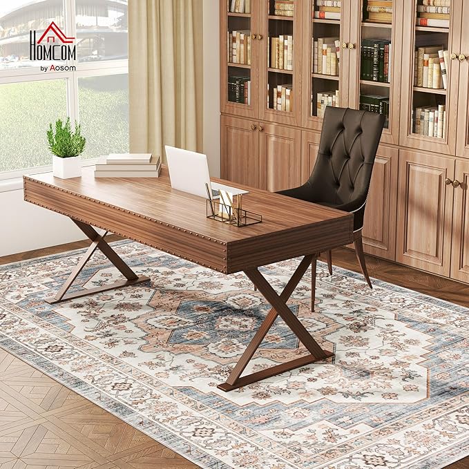 HOMCOM Washable Area Rug, 8'x10' Vintage Indoor Distressed Carpet, Retro Floor Cover Foldable, Floral Print Mat for Living Room, Bedroom, Dining Room, Brown and Light Blue