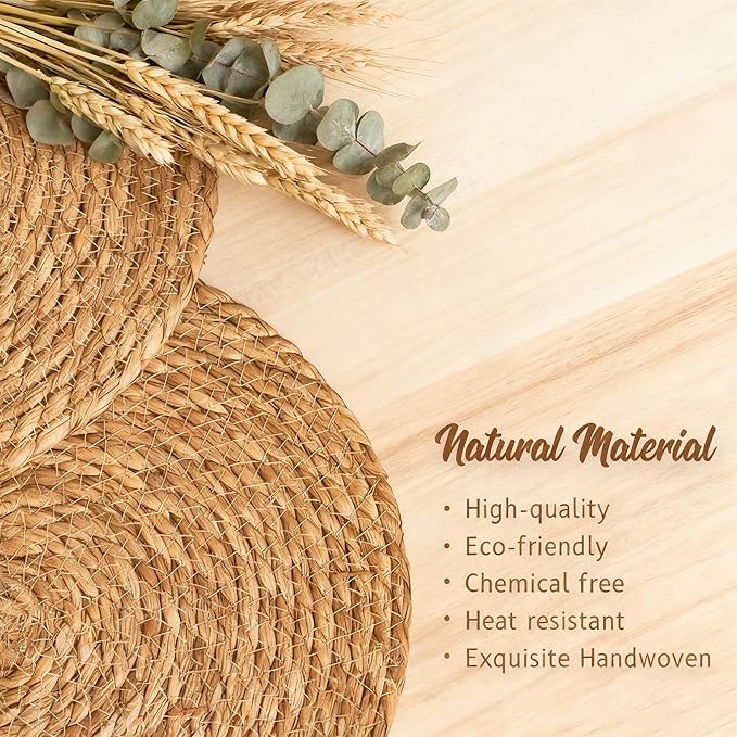 Round Woven Placemats 12 inch Set of 6 - Boho Farmhouse Natural Rattan Table Mats for Dining, Circular Place Mats for Kitchen Table Decor, Farmhouse Weave Placematsfor Dining Table Decor