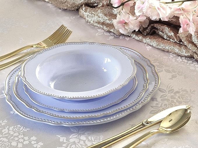 " OCCASIONS " 240 Plates Pack,(120 Guests) Heavyweight Premium Disposable Plastic Plates Set -120 x 10.25'' Dinner + 120 x 7.5'' Salad/Dessert (Rochelle Blue and Gold)