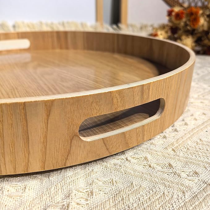 i-lan 16 Inch Large Wooden Lazy Susan Turntable - Wood Rotating Serving Tray for Dining Table & Countertop, Round Table Top Organizer with Handles, High Edges & Non-Slip Base