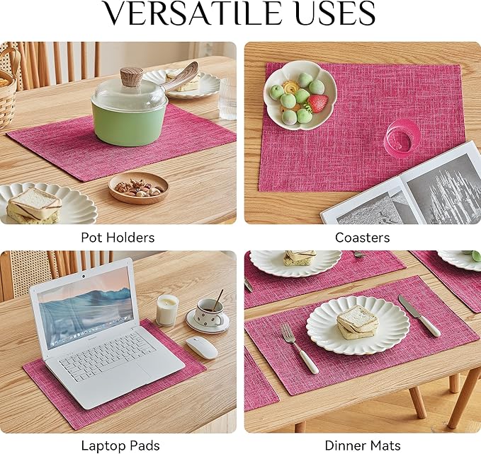 Softalker Faux Linen Placemats Set of 12-12 x 18 Inch, Heat Resistant Double Layered Durable Burlap Farmhouse Place Mats, Non-Slip Washable Rustic Table Mats for Dining, Kitchen, Party（Pink