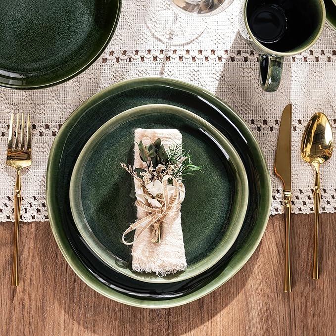 AmorArc Ceramic Dinner Plates Set of 6, 10.5 Inch Handmade Reactive Glaze Stoneware Plates, Rustic Shape Dinnerware Dish Set for Kitchen, Microwave & Dishwasher Safe, Scratch Resistant