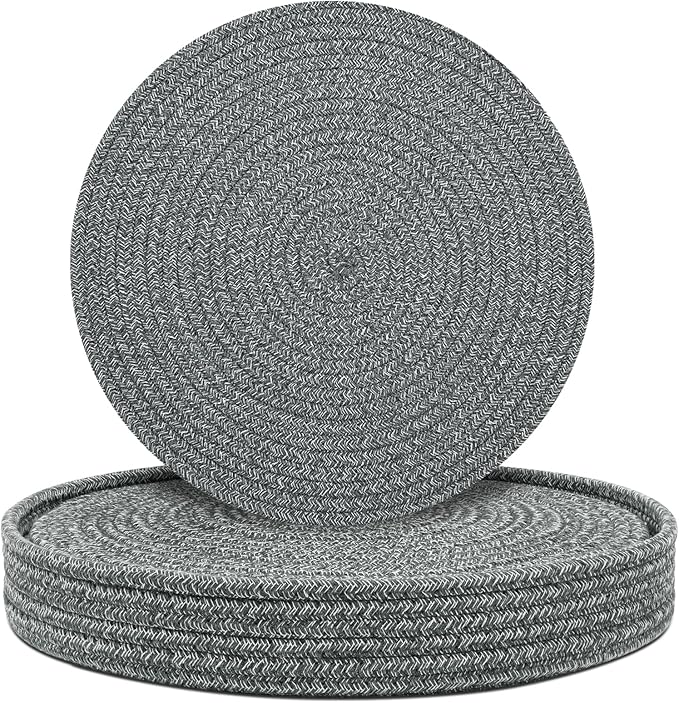 Round Placemats Set of 6 with Holder, Cotton Rope Woven Place Mats, Hot Pads for Kitchen, Heat Resistant Table Mats, 13 Inch Farmhouse Washable Braided Placemat for Kitchen Decor (Dark Gray)