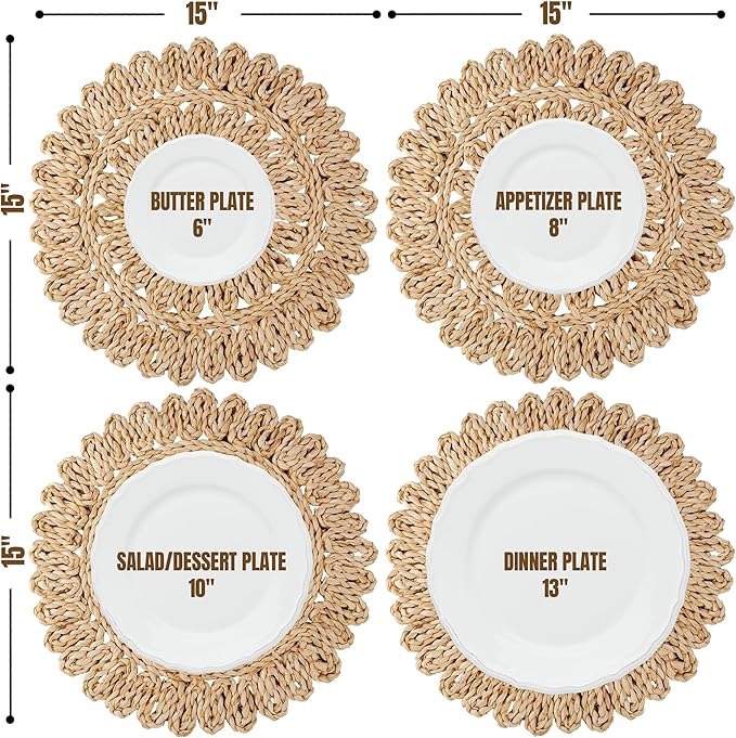 15" Corn Husk Woven Round Placemats Set of 6 - Wicker Boho Farmhouse Placemats - Rattan Table Mats Like Water Hyacinth for Dining Table, Wedding, Home