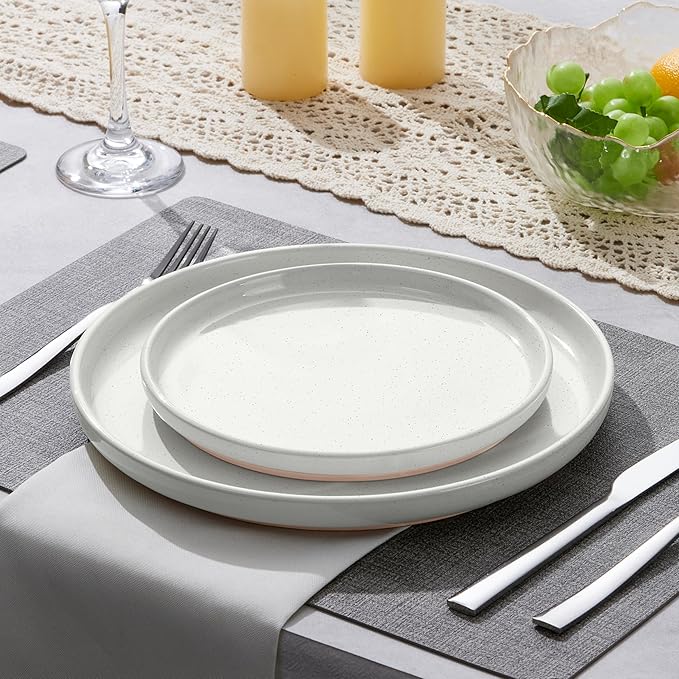 LIANYU Dinner Plates Set of 4, 10.5 Inch Stoneware Plate for Kitchen Dining, Large & Round Ceramic Salad Dishes Set, Microwave, Oven & Dishwasher Safe, Scratch Resistant, Stackable, Snowy White