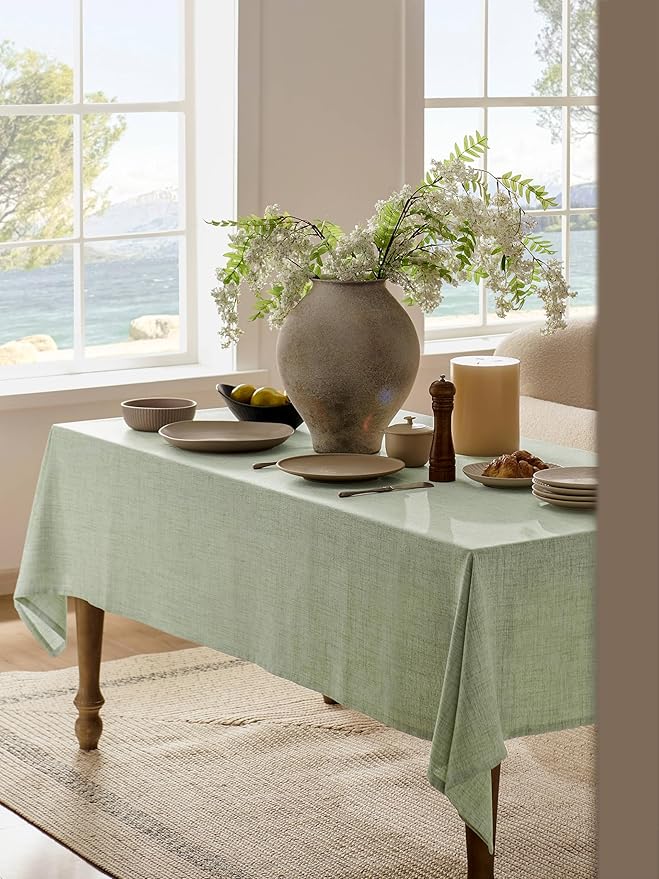 Linen Tablecloth for Rectangle Table 60x120 Inch Green, Farmhouse Style Sage Green Tablecloth, Water Resistant Burlap Tablecloths for Dining Table Farmhouse Kitchen