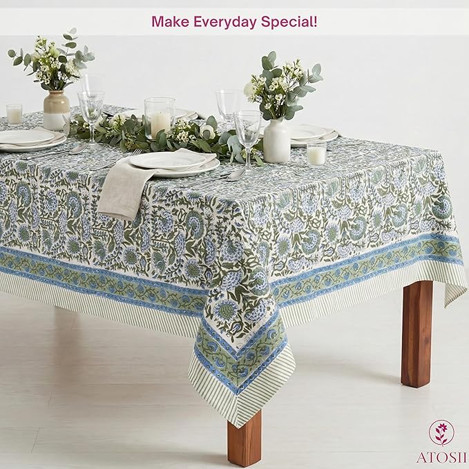 ATOSII Clover Blue 100% Cotton Square Fall Tablecloth, Handblock Floral Linen Table Cloth for Kitchen Dining Table I Parties Christmas Thanksgiving I Fall Home Decor 60 X 60 Inches I 4 Seater