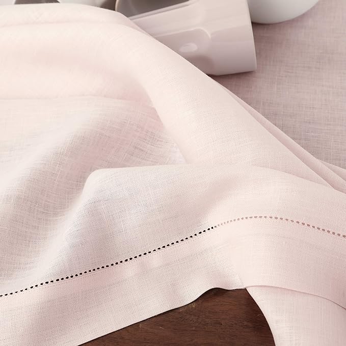 Solino Home Pink Linen Tablecloth 60 x 120 Inch - 100% Pure Linen Hemstitch Table Cloth for Rectangle Tables - Classic Hemstitch, Machine Washable Tablecloth for Valentines, Spring, Easter