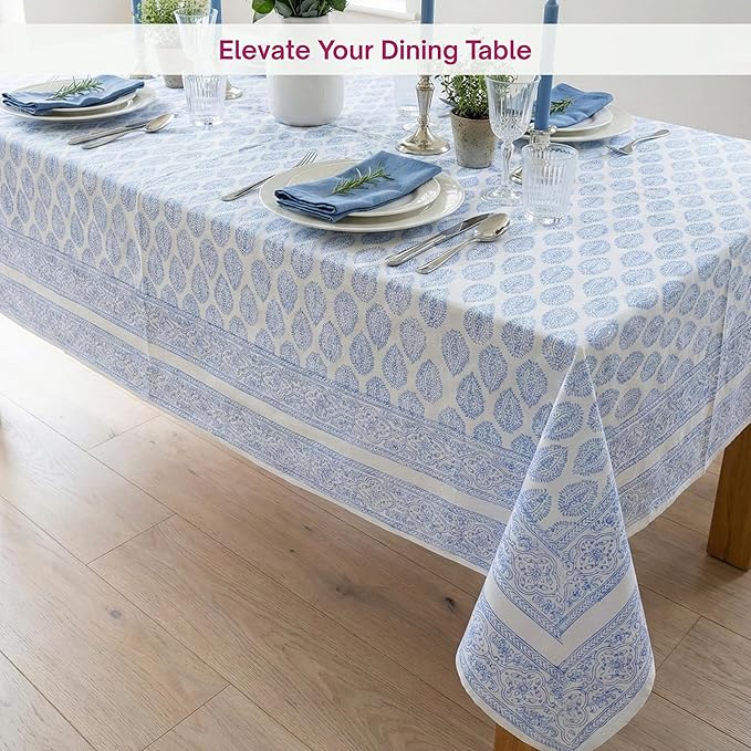 ATOSII Amalfi Blue 100% Cotton Boho Rectangle Fall Tablecloth, Handblock Print Table Cloth for Kitchen I Dining Table Linen Fall Décor I Parties Wedding Outdoors Summer I 72 X 108 Inches I 8 Seater