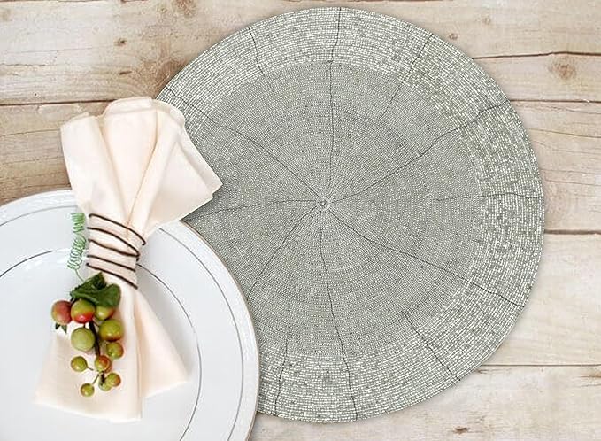 Lightnpro Beaded Placemats Set of 4 - ound Farmhouse Charger Mats - Handcrafted Decorative Glitz Table Placemats for Dinner Parties, Holidays, Weddings & Elegant Dining Décor - 13 Inch Silver