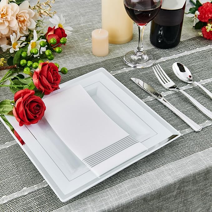 Vplus 90 Piece 9.5 Inch Silver Plastic Plates Disposable, Heavy Duty White Elegant Durable Dinner Plastic Party Plates with Silver Rim Perfect for Party Christmas