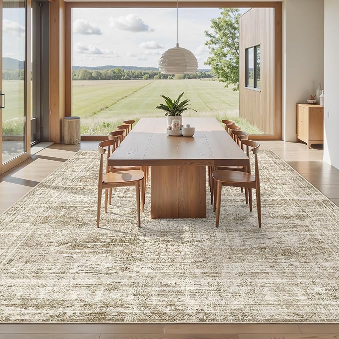 Area Rug 10x12 Vintage Washable Living Room Large Carpet Non Slip Bedroom Indoor Office Dining Room Low Pile Thin Rug Brown