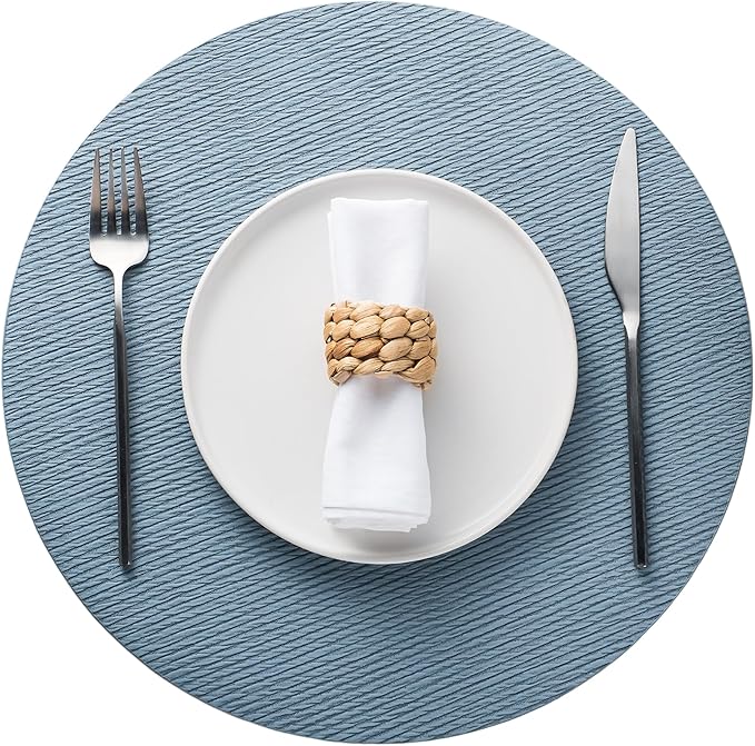 Jovono 15" Faux Leather Big Round Placemats Set of 4 - Washable Heat Resistant Non-Slip Dining Table Mats with Fabric Texture for Kitchen Home Party Decor, Light Blue