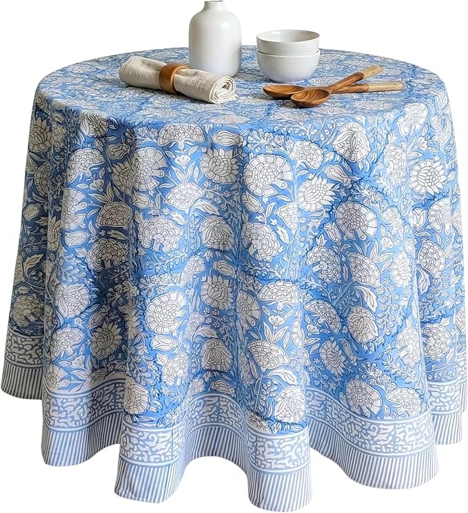 ATOSII Azora Blue 100% Cotton Round Spring Tablecloth, Handblock Print Floral Table Cloth for Kitchen Dining Linen I Parties, Weddings, Outdoors, Easter Holidays I 60" Inches Round