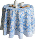 ATOSII Azora Blue 100% Cotton Round Tablecloth, Handblock Print Floral Table Cloth for Kitchen Dining Linen I Parties, Weddings, Outdoors I 72" Inches Round