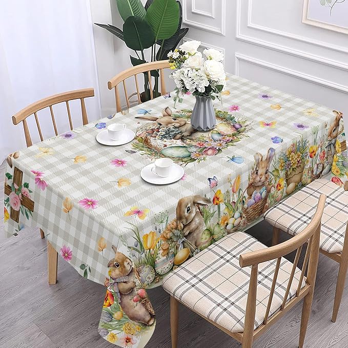 Easter Tablecloth 60 x 120 Inch Rectangle, Easter Bunny Table Cloth Buffalo Check Plaid Kitchen Table Cover for Dining Room Spring Oblong Tablecloth Indoor Decor