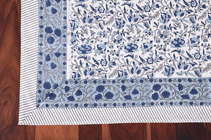ATOSII Jodhpur Blue 100% Cotton Rectangle Tablecloth, Handblock Floral Linen Table Cloth for Kitchen Dining Table I Parties Wedding Outdoors Holidays I Home Decor 72 X 108 Inches
