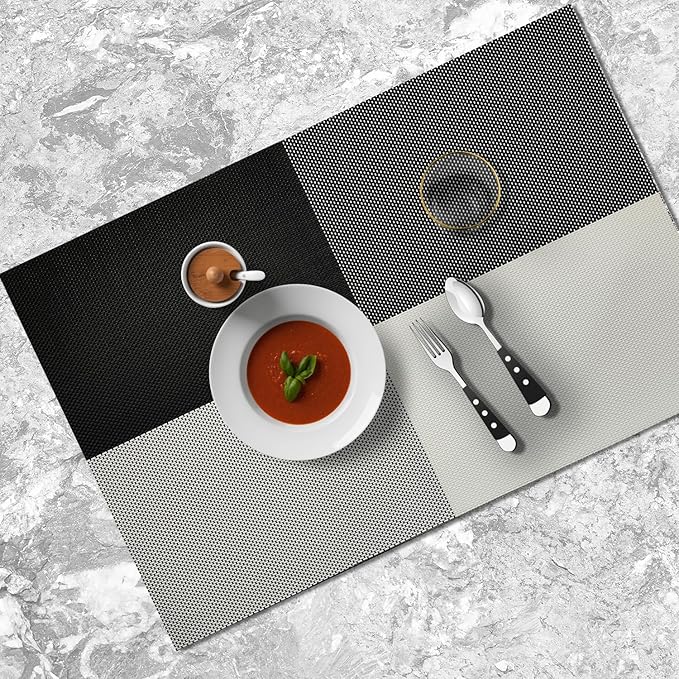 Placemats Set of 4 - Washable Woven Vinyl Placemats, Heat Resistant, Non-Slip, Easy to Clean Water Resistant Table Mats for Indoor/Outdoor Dining, Kitchen, Patio (4, Black White Square)