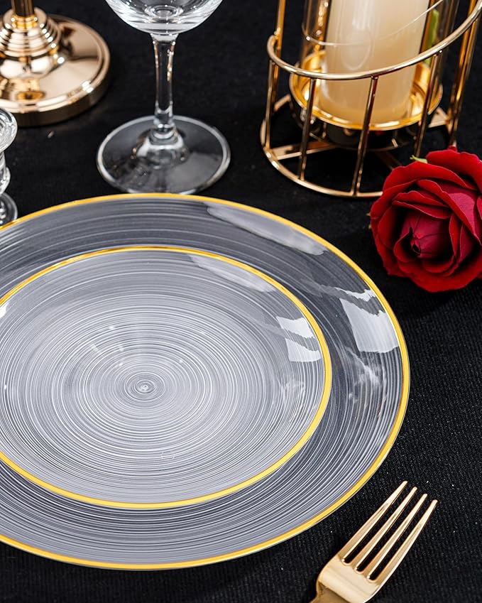 Morejoy 60Pcs Clear Plastic Plates,Clear Disposable Plates With Gold Rim,Heavy-duty Gold Plate, Modern swirl design Plate Include 30Clear Dessert-Platos,30Dinner-Platos for Party&Christmas