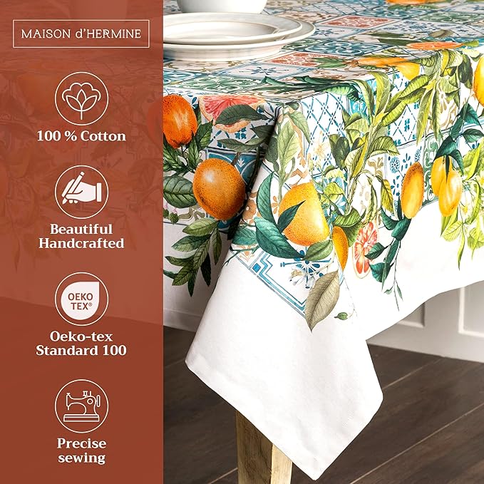 Maison d' Hermine Table Cloth Rectangle Table 100% Cotton 54 x 72 Inches Tablecloth Reusable Decorative for Dining Room Farmhouse Home Valentines Day Decorations Spring Summer - Agrume