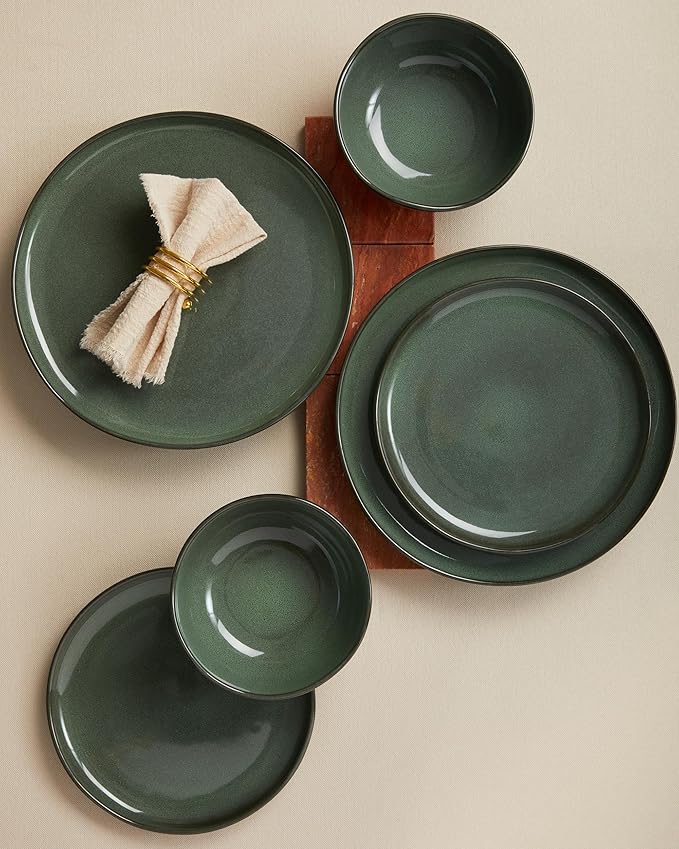 Plates and Bowls Sets for Family of 6, Ceramic Dinnerware Sets, Kitchen Dish Set, Microwave & Dishwasher Safe Dishware, Highly Durable Reactive Glazed Dinner Set, Forest Green
