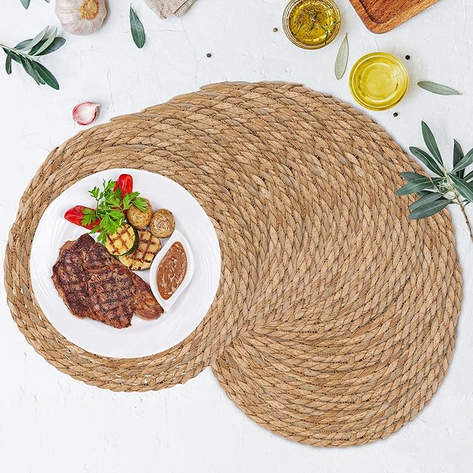 GENMOUS Woven Placemats Set of 10,12" Round Placemats Natural Water Hyacinth Boho Placemats,Farmhouse Rattan Chargers for Dinner Plates,Rustic Braided Wicker Table Mats for Dining Table,Home,Wedding
