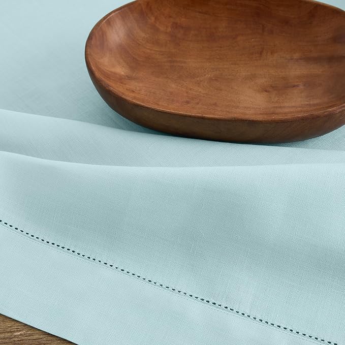 Solino Home Linen Tablecloth for Rectangle Tables 60 x 144 Inch - Classic Hemstitch 100% Pure Linen Aqua Blue Table Cloth - Machine Washable Cloth Tablecloth for Spring, Easter