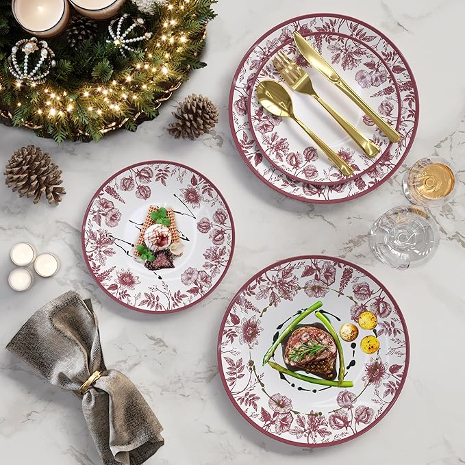 Trendables Disposable Plates For Party Supplies | Burgundy Floral Plastic Plates For Wedding 80 Pcs - 40 X 8 & 40 X 10 Dinner Plate Sets | Floral Plate Set Disposable Plastic Dinnerware Sets