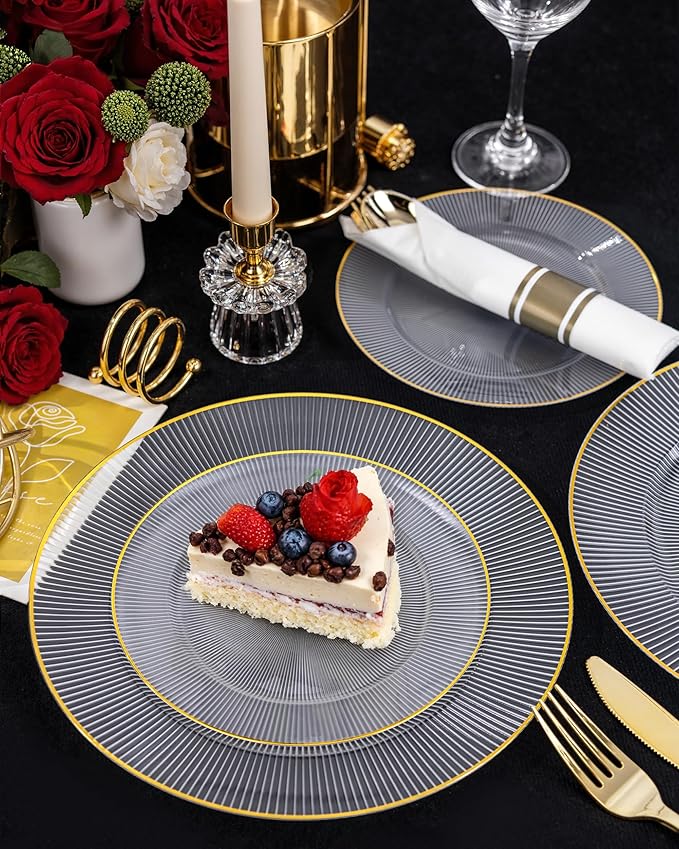 Hioasis 60pcs Clear Gold Plastic Plates - Gold Disposable Dinnerware Set, 30pcs Dinner 10.25in & 30pcs dessert 7.5in plates with striped designs for party & wedding