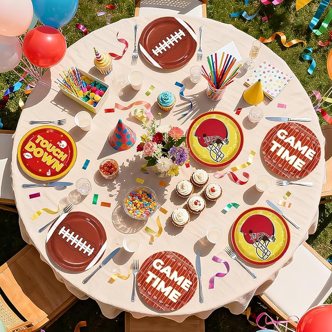 Greencain 60Pcs Chiefs Football Paper Plates Red and Gold Football Paper Plates American Rugby Touchdown Disposable Tableware for Tailgate Sports Birthday Party Supplies Decorations