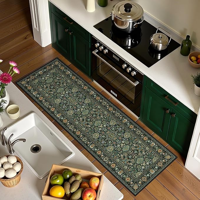 Runner Rugs 2x7 Boho Washable Area Rugs for Entryway Bathroom Kitchen, Long Rugs for Hallway Soft Low Pile Non-Slip Rubber Backing Oriental Dark Green