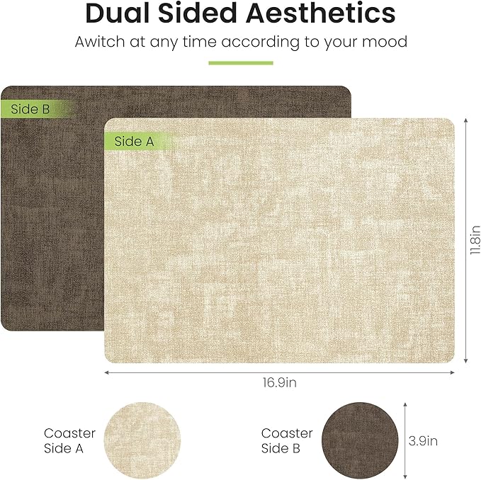 Placemats Set of 6, Faux Leather Heat Resistant Wipeable Placemats, Dual Sided Waterproof Washable Table Mats with Coaster, Suitable for Kitchen, Dining, Table Decor (6, Beige Dark Coffee)