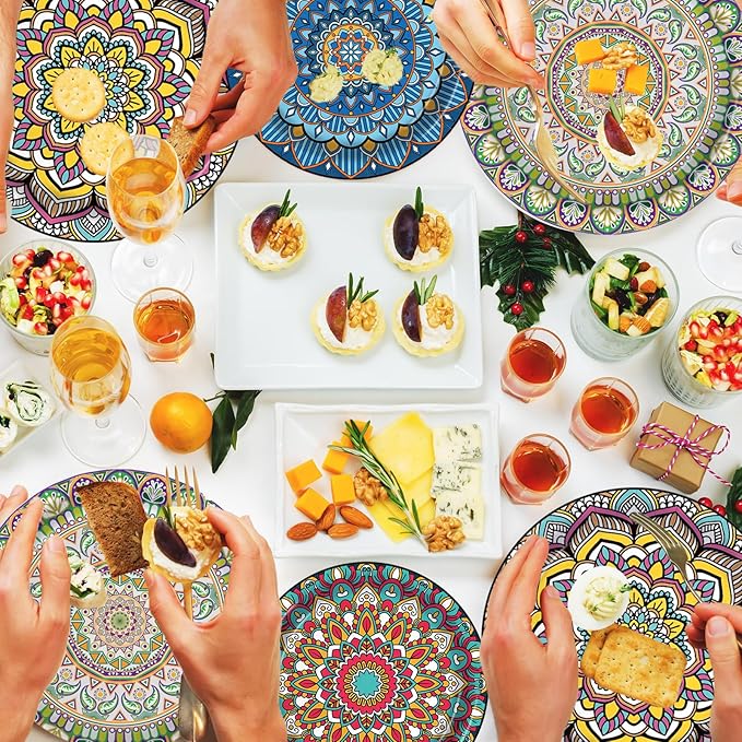 100PCS Boho Paper Plates 7Inch & 9Inch, Vintage Bohemian Disposable Dinnerware Plates for Birthday Gatherings Holiday Favor Baby Shower Party Supplies,50 Guests(Blue,Green,Red,Pink)