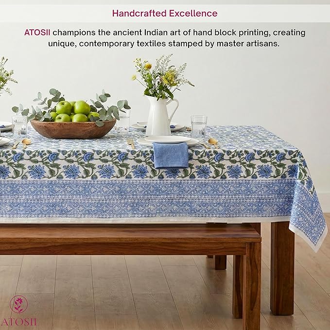 ATOSII Taj 100% Cotton Rectangle Fall Tablecloth, Handblock Floral Print Linen Table Cloth for Kitchen Dining I Parties, Outdoors, Christmas, Thanksgiving I 72 X 108 Inches I 8 Seater