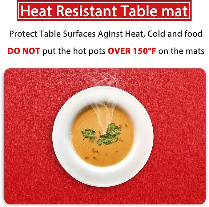 Jovono Wipeable Leather Table Mats, Waterproof Heat-Resistant, Easy to Clean, Set of 6, Red