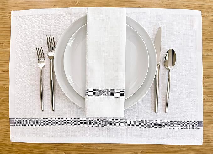 Premium Cloth Striped Placemats Set of 4 – 100% Soft Durable Jacquard Woven Cotton Table Placemats with Stain-Release Fabric – Machine Washable for Dining Table – Grey, 20"x14"