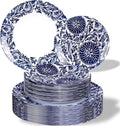 Hioasis 60pcs Plastic Disposable Plates Set - Blue Dandelion & Blue Leaf Pattern, 10.25 Dinner & 7.5 Dessert Plates for Wedding,Anniversary,Party and Holiday