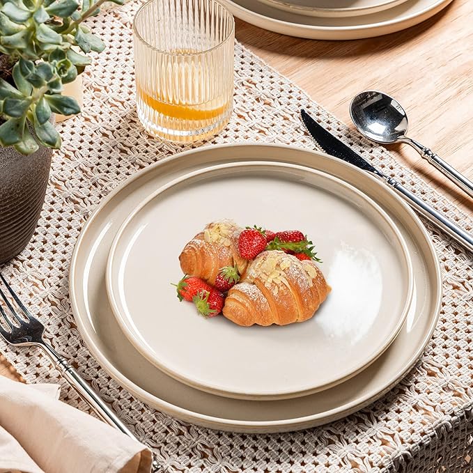 GBHOME Ceramic Dinnerware Sets for 6, 18 Pieces Stoneware Plates and Bowls Sets, Scratch Resistant Dishes, Dishwasher & Microwave Safe, Reactive Glaze-Vanilla color