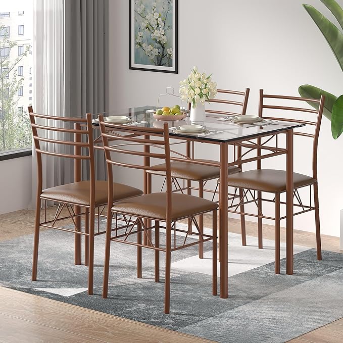 VECELO Dining Table Set for 4, 5-Piece Glass Kitchen Table with Upholstered Padded Chairs for Small Space, Breakfast Nook, Space-Saving, Vintage Brown