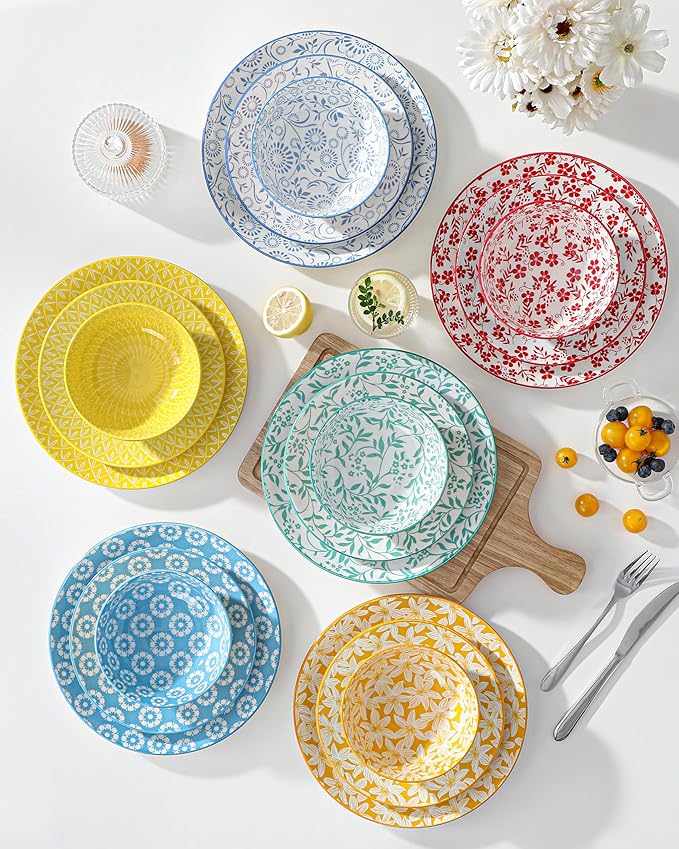 vancasso SELENE Plates and Bowls Set for 6, 18 Pieces Dinnerware Sets, Mircowave and Dishwasher Safe Dishes Set, Porcelain Pastel Dinnerware