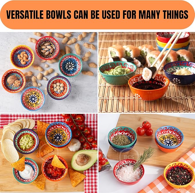 BCS Ceramic Salsa Bowls Set of 6 Small Pinch Bowls for Dipping, Cooking Prep & Charcuterie Board, Soy Sauce Dish, Multicolor Handmade Decorative Mini Serving Dishes Dishwasher Safe (3.2''-3 oz)