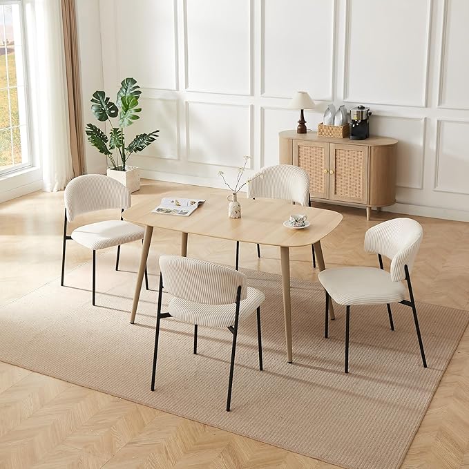 55 Inch Cat Scratch Resistant Dining Table Set for 4 - Modern Wood Table & White Leather Chairs, Kitchen & Dining Room Furniture 4 Seater Set (55.1")