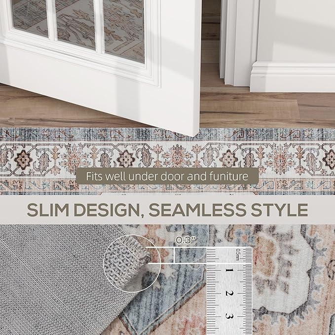 HOMCOM Washable Area Rug, 4'x6' Vintage Indoor Distressed Carpet, Retro Floor Cover Foldable, Floral Print Mat for Living Room, Bedroom, Dining Room, Brown and Light Blue