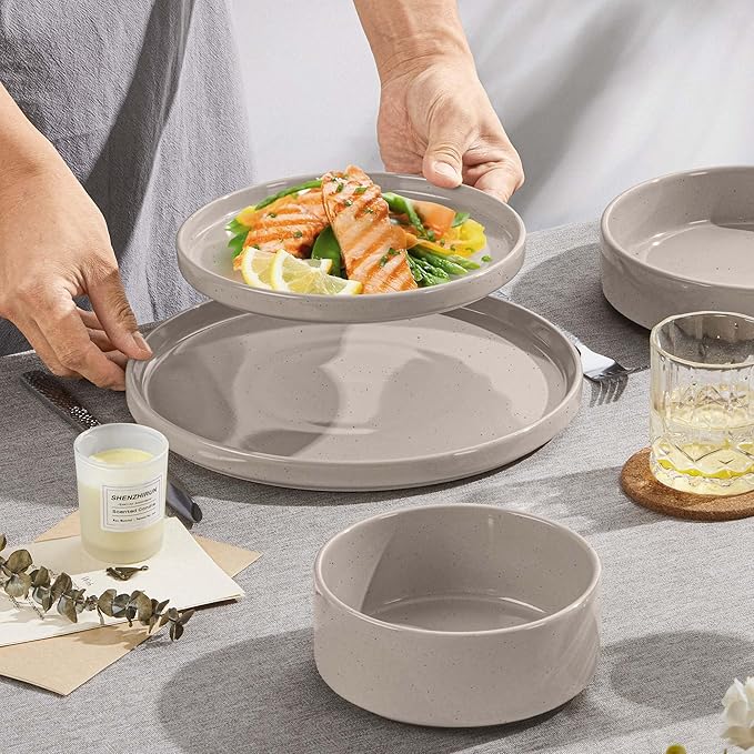 Herogo 16 Piece Plates and Bowls Set, Ceramic Dinnerware Sets with Pasta Bowls, Kitchen Dinner Ware Dishes Service for 4, Chip & Scratch Resistant Dishware, Speckled Coffee Brown